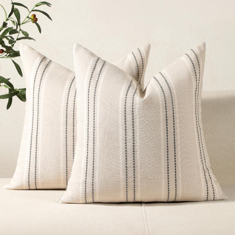 Hckot Throw Pillow Covers 20x20 Set of 2 Striped Pillow Covers Textured Linen Decorative Pillows Square Cushion Covers for Sofa Couch Bed Living Room Farmhouse Decor  Grey - Image 1